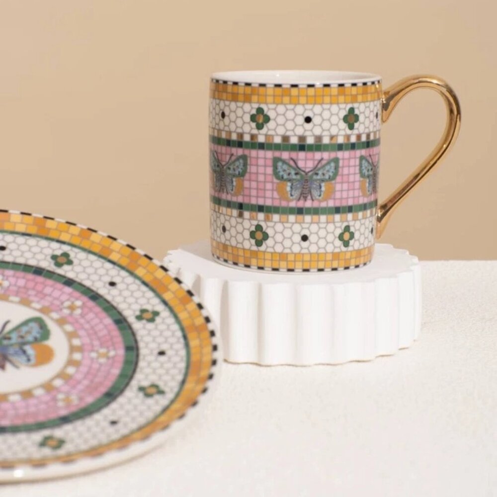 Brand New Anthropologie The Bistro Tile Stoneware Mug: Garden Edition